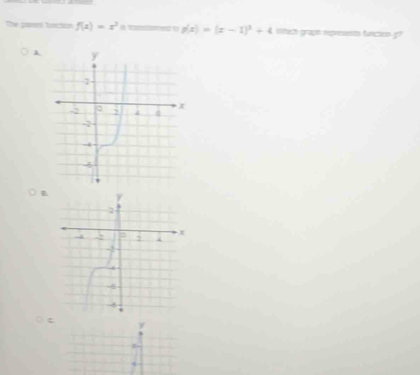 The promm funton f(x)=x^3 a g(x)=(x-1)^2+4 Gfach graph repressents functcs g?
A
B
C
4