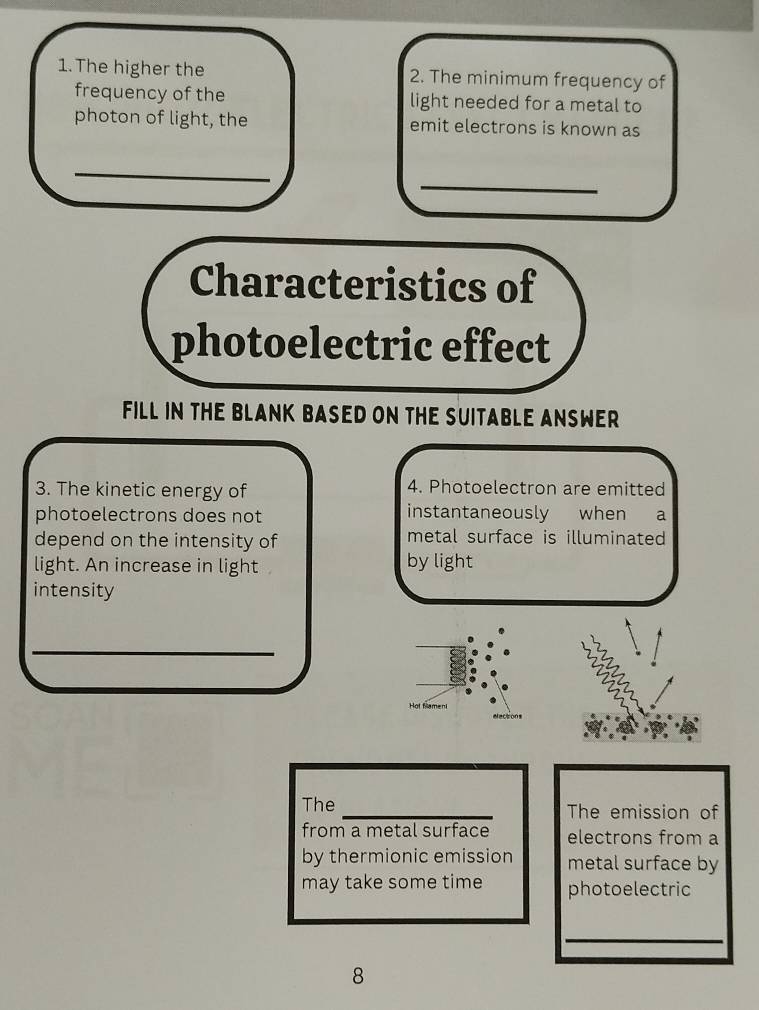 The higher the 2. The minimum frequency of 
frequency of the light needed for a metal to 
photon of light, the emit electrons is known as 
_ 
_ 
Characteristics of 
photoelectric effect 
FiLL IN THE BLANK BASED ON THE SUITABLE ANSWEr 
3. The kinetic energy of 4. Photoelectron are emitted 
photoelectrons does not instantaneously when a 
depend on the intensity of metal surface is illuminated 
light. An increase in light by light 
intensity 
_ 
The _The emission of 
from a metal surface electrons from a 
by thermionic emission metal surface by 
may take some time photoelectric 
_ 
8