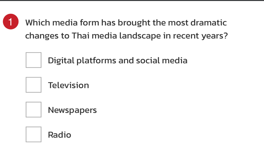 Which media form has brought the most dramatic
changes to Thai media landscape in recent years?
Digital platforms and social media
Television
Newspapers
Radio