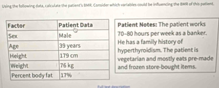 Using the following data, calculate the patient's BMR. Consider which variables could be influencing the BMR of this patient. 
atient Notes: The patient works
0-80 hours per week as a banker. 
e has a family history of 
yperthyroidism. The patient is 
egetarian and mostly eats pre-made 
nd frozen store-bought items.