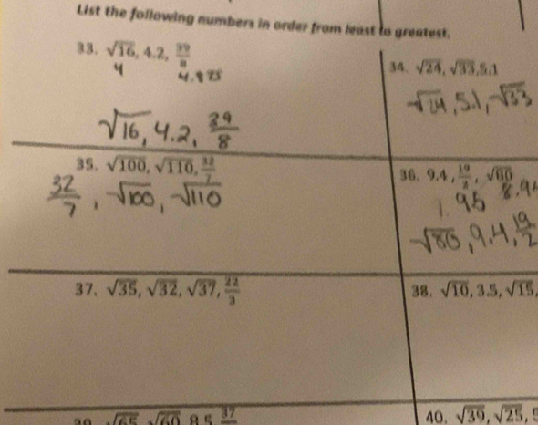 List the following numbers in order from least to greatest.
overline surd 60 _ 37 40. sqrt(39),sqrt(25), .1