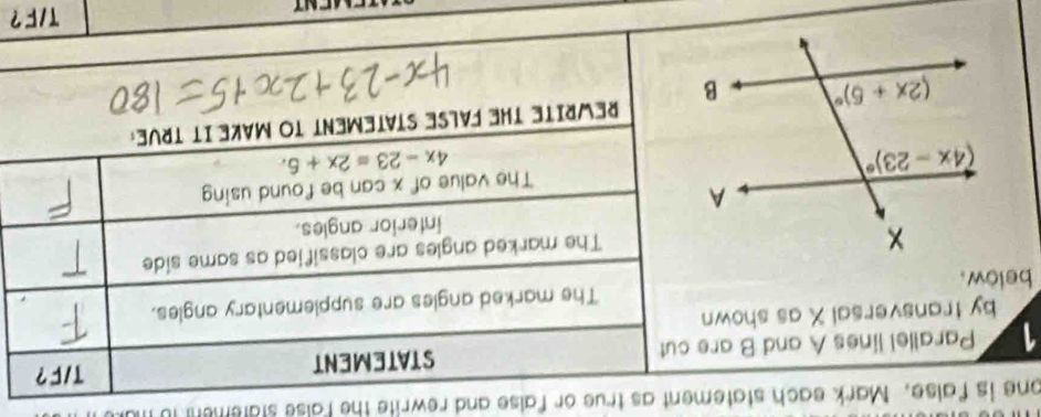 one is false. Mark each statement as true or false and rewrite the false statement it
1 Parallel lines A and B are cut STATEMENT T/F？
by transversal X as shown
below. The marked angles are supplementary angles.
The marked angles are classified as same side
interior angles.
The value of x can be found using
4x-23=2x+6.
REWRITE THE FALSE STATEMENT TO MAKE IT TRUE:
T/F？