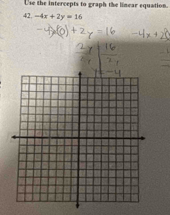 Use the intercepts to graph the linear equation. 
42. -4x+2y=16