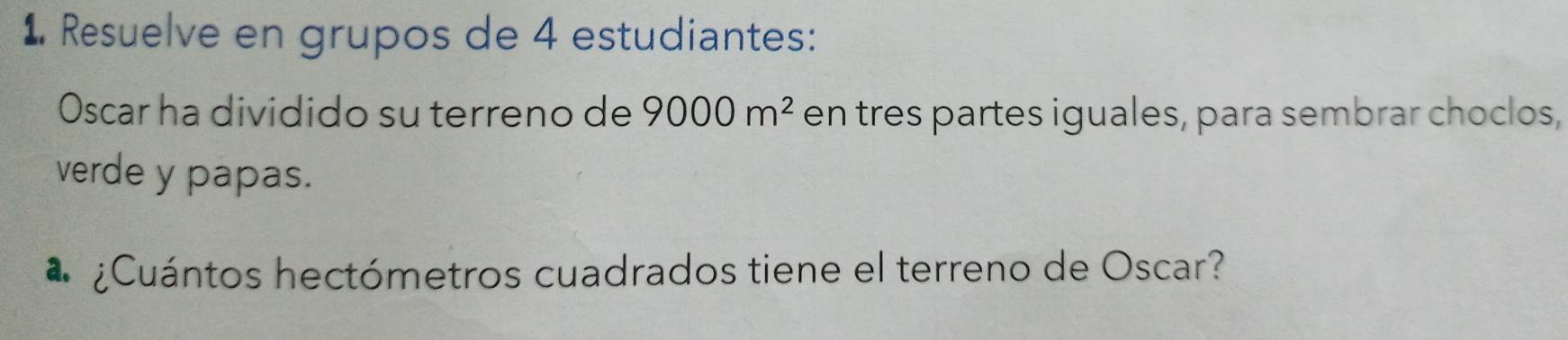 Resuelve en grupos de 4 estudiantes: 
Oscar ha dividido su terreno de 9000m^2 en tres partes iguales, para sembrar choclos, 
verde y papas. 
¿Cuántos hectómetros cuadrados tiene el terreno de Oscar?