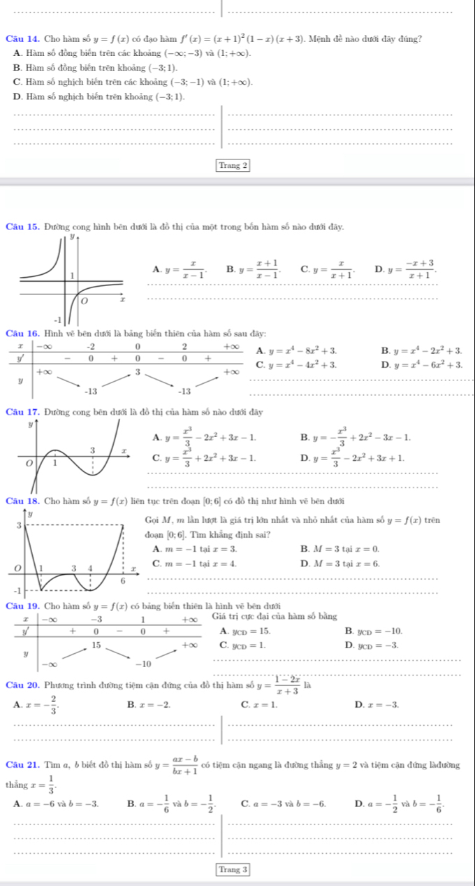 Cho hàm số y=f(x) có đạo hàm f'(x)=(x+1)^2(1-x)(x+3). Mệnh đề nào dưới đây đúng?
A. Hàm số đồng biến trên các khoảng (-∈fty ;-3) và (1;+∈fty ).
B. Hàm số đồng biến trên khoảng (-3;1).
C. Hàm số nghịch biến trên các khoảng (-3;-1) và (1;+∈fty ).
D. Hàm số nghịch biến trên khoảng (-3;1).
__
_
_
__
Trang 2
Câu 15. Đường cong hình bên dưới là đồ thị của một trong bốn hàm số nào dưới đây.
A. y= x/x-1 . B. y= (x+1)/x-1 . C. y= x/x+1 . D. y= (-x+3)/x+1 .
Câu 16. Hình vẽ bên dưới là bảng biến thiên của hàm số sau đây:
y=x^4-8x^2+3. B. y=x^4-2x^2+3.
y=x^4-4x^2+3. D. y=x^4-6x^2+3.
Câu 17. Đường cong bên dưới là đồ thị của hàm số nào dưới đây
A. y= x^3/3 -2x^2+3x-1. B. y=- x^3/3 +2x^2-3x-1.
y= x^3/3 +2x^2+3x-1. D. y= x^3/3 -2x^2+3x+1.
C.
Câu 18. Cho hàm số y=f(x) liên tục trên đoạn [0;6] có đồ thị như hình vẽ bēn dưới
ọi M, m lần lượt là giá trị lớn nhất và nhỏ nhất của hàm số y=f(x) trên
oạn [0;6]. Tìm khẳng định sai?
A. m=-1 tại x=3. B. M=3 tại x=0.
C. m=-1
tại x=4. D. M=3 tại x=6.
Câu 19. Cho hàm số y=f(x) có bảng biến thiên là hình vẽ bēn dưới
trị cực đại của hàm số bằng
. y_CD=15. B. y_CD=-10.. y_CD=1. D. y_CD=-3.
Cầu 20. Phương trình đường tiệm cận đứng của đồ thị hàm số y= (1-2x)/x+3 la
_
A. x=- 2/3 . B. x=-2. C. x=1. D. x=-3.
_
_
_
Câu 21. Tìm a, b biết đồ thị hàm số y= (ax-b)/bx+1  có tiệm cận ngang là đường thẳng y=2 và tiệm cận đứng làđường
thẳng x= 1/3 .
A. a=-6 ab=-3. B. a=- 1/6  v b=- 1/2 . C. a=-3 và b=-6. D. a=- 1/2  và b=- 1/6 .
_
_
_
_
Trang 3