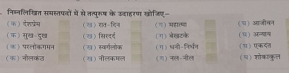 .निम्नलिखित समस्तपवों में से तत्पुरुष के उदाहरण खोजिए- 
(क) देशप्रेम (ख) रात-दिन (ग) महात्मा (घ) आजीवन 
(क) सुख-दुख (ख) सिरदर्द (η) बेखटके (घ) अन्याय 
(क) परलोकगमन (ख) स्वर्गलोक (ग) धनी-निर्धन (घ) एकदंत 
(क) नीलकंठ (ख) नीलकमल (ग) नल-नील (६) शोकाकुल