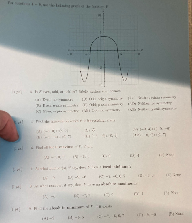 For questions 4 - 9, use the following graph of the function F.
[1 pt.] 4. Is F even, odd, or neither? Briefly explain your answer.
(A) Even; no symmetry (D) Odd; origin symmetry (AC) Neither; origin symmetry
(B) Even; y-axis symmetry (E) Odd; y-axis symmetry (AD) Neither; no symmetry
(C) Even; origin symmetry (AB) Odd; no symmetry (AE) Neither; y-axis symmetry
[ pt.] 5. Find the intervals on which F is increasing, if any.
(A) (-6,0)∪ (6,7) (C) ∅ (E) (-9,4)∪ (-9,-6)
(B) (-6,-4)∪ (6,7) (D) [-7,-6]∪ [0,6] 1 B) [-6,0]∪ [6,7]
[1 pt.] 6. Find all local maxima of F, if any.
(A) −7, 0, 7 (B) -6, 4 (C) 0 (D) 4 (E) None
[1 pt.] 7. At what number(s), if any, does F have a local minimum?
(A) -9 (B) -9, -6 (C) -7, -6, 6, 7 (D) -6, 6 (E) None
[1 pt.] 8. At what number, if any, does F have an absolute maximum?
(A) -6 (B) -7, 7 (C) 0 (D) 4 (E) None
[1 pt.] 9. Find the absolute minimum of F, if it exists.
(A) -9 (B) -6, 6 (C) -7, -6, 6, 7 (D) -9, -6 (E) None