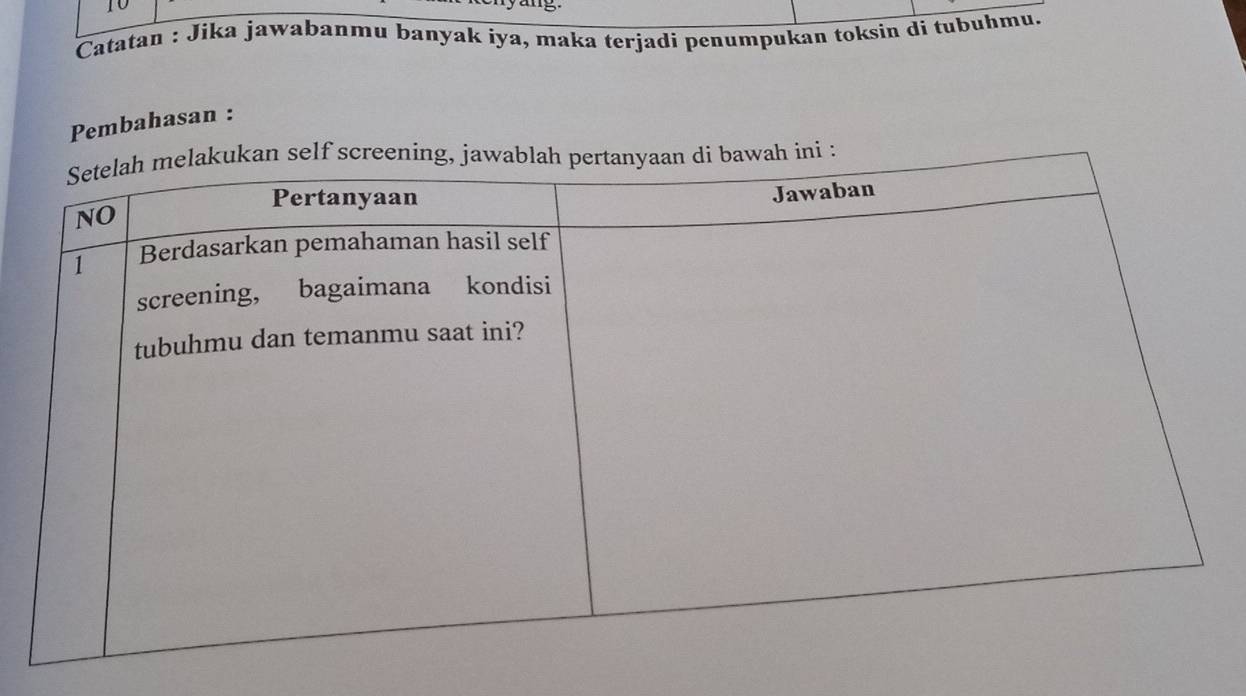 Catatan : Jika jawabanmu banyak iya, maka terjadi penumpukan toksin di tubuhmu. 
Pembahasan :