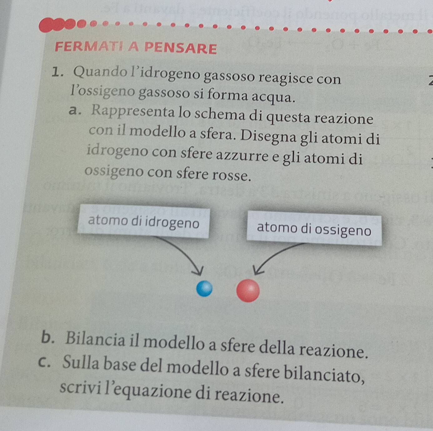 FERMATL A PENSARE
1. Quando l’idrogeno gassoso reagisce con
l’ssigeno gassoso si forma acqua.
a. Rappresenta lo schema di questa reazione
con il modello a sfera. Disegna gli atomi di
idrogeno con sfere azzurre e gli atomi di
ossigeno con sfere rosse.
atomo di idrogeno atomo di ossigeno
b. Bilancia il modello a sfere della reazione.
c. Sulla base del modello a sfere bilanciato,
scrivi l’equazione di reazione.