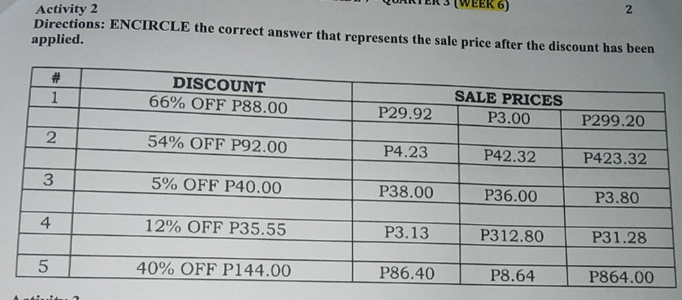 TER 3 (WeEk 6) 
Activity 2 2 
Directions: ENCIRCLE the correct answer that represents the sale price after the discount has been 
applied.