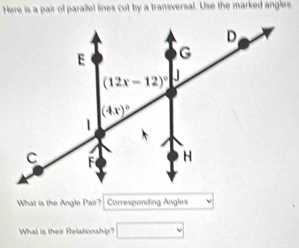 Here is a pair of parallel lines cut by a transversal. Use the marked angles.
What is the Angle Pair?  Corresponding Angles
What is their Relationship? □