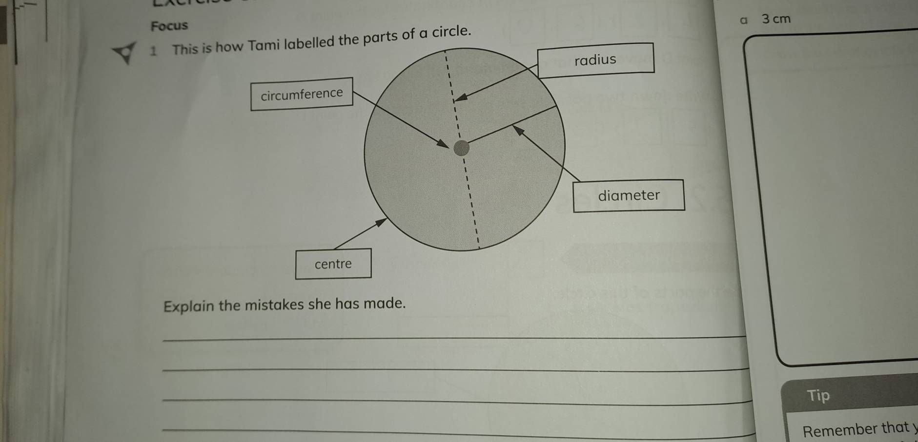 Focus 
a 3 cm
1 This is how Tami labelled the parts of a circle. 
radius 
circumference 
diameter 
centre 
Explain the mistakes she has made. 
_ 
_ 
_ 
Tip 
_ Remember that y