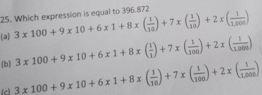 Which expression is equal to 396.872
(a) 3* 100+9* 10+6* 1+8* ( 1/10 )+7* ( 1/10 )+2* ( 1/1,000 )
(b) 3* 100+9* 10+6* 1+8* ( 1/1 )+7* ( 1/100 )+2* ( 1/1,000 )
(c)
3* 100+9* 10+6* 1+8* ( 1/10 )+7* ( 1/100 )+2* ( 1/1,000 )