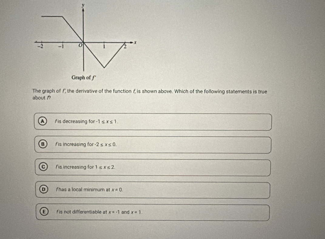 The graph of /, the derivative of the function f, is shown above. Which of the following statements is true
about ?
is decreasing for -1≤ x≤ 1.
B fis increasing for -2≤ x≤ 0.
is increasing for 1≤ x≤ 2.
fhas a local minimum at x=0.
is not differentiable at x=-1 and x=1.