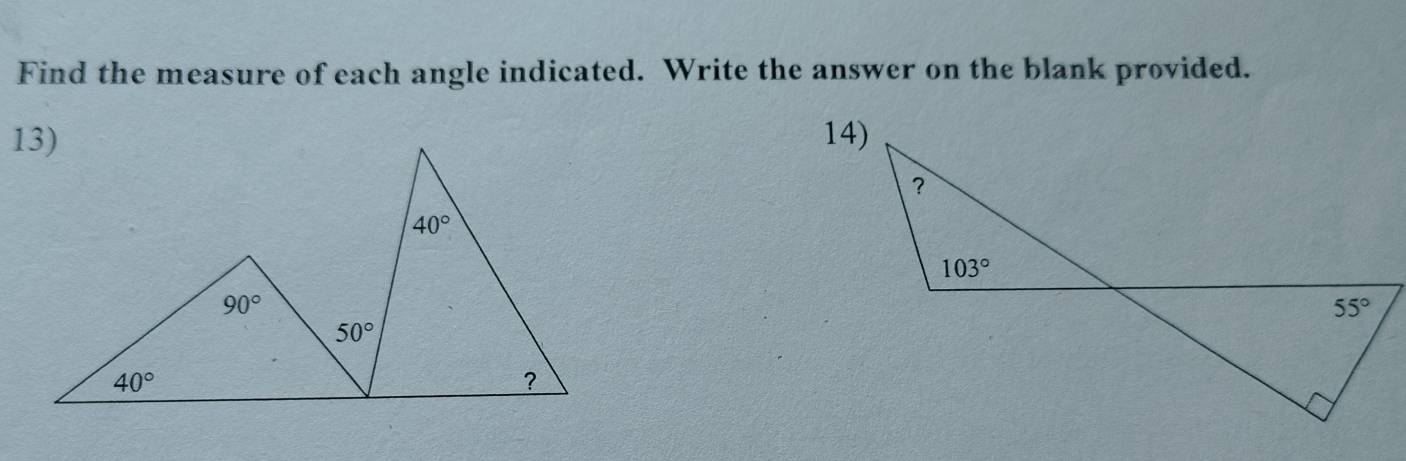 Find the measure of each angle indicated. Write the answer on the blank provided.