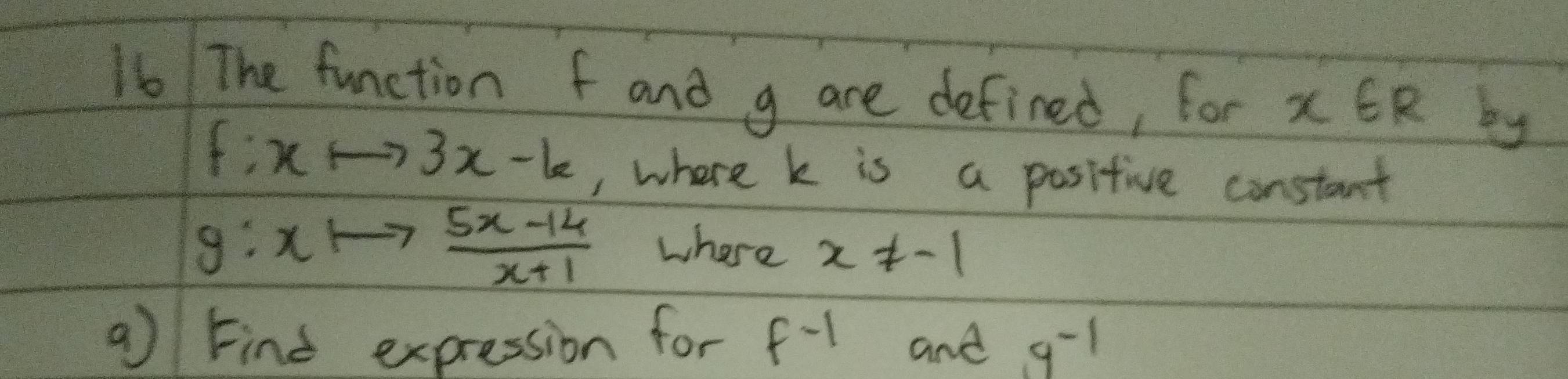 The function f and g are defined, for xER by
f:xto 3x-6 , where k is a positive constant
g:xto  (5x-14)/x+1  where x!= -1
a Find expression for f^(-1) and g^(-1)