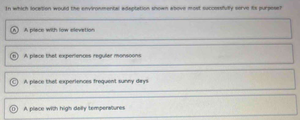 In which location would the environmerital adaptation shown above most successfully serve its purpose?
A A place with low elevation
B) A place that experiences regular monsoons
C) A place that experiences frequent sunny days
A place with high daily temperatures