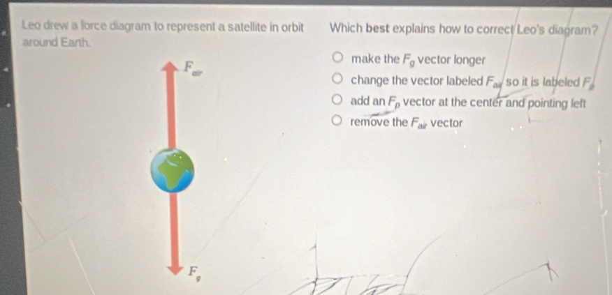 Leo drew a force diagram to represent a satellite in orbit Which best explains how to correct Leo's diagram?
around Earth.
F_air
make the F_g vector longer
change the vector labeled F_ad so it is labeled
add an F_p vector at the center and pointing left
remove the F_air vector
F_g