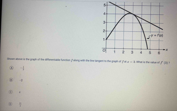 Shown above is the graph of the differentiable function falong with the line tangent to the graph of fat x=3. What is the value of f'(3) ?
④ - 1/2 
-2
4
0  11/2 