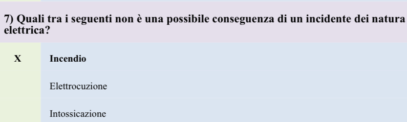 Quali tra i seguenti non è una possibile conseguenza di un incidente dei natura
elettrica?
X Incendio
Elettrocuzione
Intossicazione