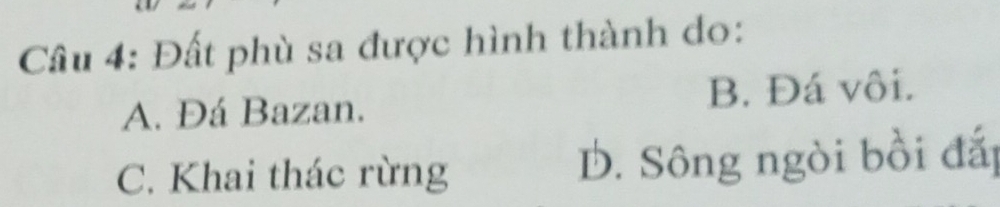 Đất phù sa được hình thành do:
A. Đá Bazan. B. Đá vôi.
C. Khai thác rừng D. Sông ngòi bồi đắp