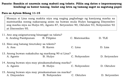 Panuto: Basahin at unawain nang mabuti ang teksto. Piliin ang datos o impormasyong
hinihingi sa bawat tanong. Isulat ang letra ng tamang sagot sa sagutang papel.
Para sa Aytem Bilang 11-15
Masaya si Lina nang makita niya ang naging pagbabago ng kaniyang marka sa
matematika noong nakaraang anim na buwan mula Hulyo hanggang Disyembre
ang marka niya sa Hulyo 85, Agosto 87, Setyembre 90, Oktubre 93, Nobyembre 92
at Disyembre 95.
11. Ano ang asignaturang binanggit sa talata? C. Matematika D. TLE
A. Araling Panlipunan B. Filipino
12. Sino ang batang tinutukoy sa teksto? D. Liza
A. Ana B. Karen C. Lina
13. Anong buwan nakakuha ng markang 90 si Lina?
A. Agosto B. Hulyo C. Nobyembre D. Setyembre
14. Anong buwan siya may pinakamababang marka?
A. Agosto B. Hulyo C. Nobyembre D. Oktubre
15. Anong buwan siya may pinakamataas na marka? C. Oktubre D. Setyembre
A. Disyembre B. Nobyembre