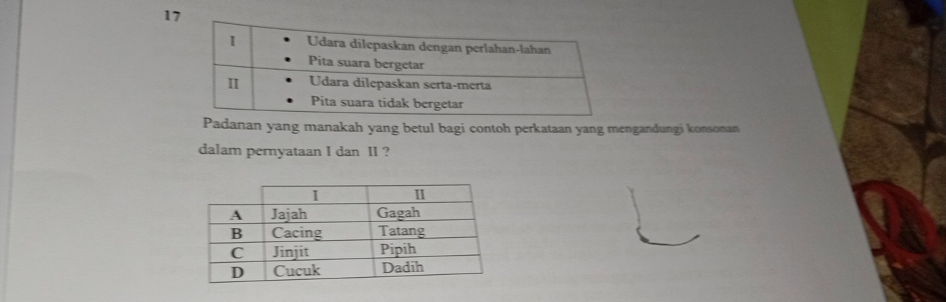 Padanan yang manakah yang betul bagi contoh perkataan yang mengandungi konsonan 
dalam pernyataan I dan II ?