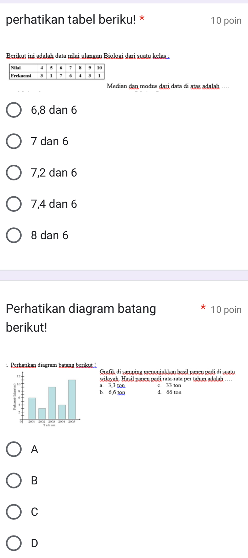 perhatikan tabel beriku! * 10 poin
Berikut ini adalah data nilai ulangan Biologi dari suatu kelas :
Median dan modus dari data di atas adalah ....
6, 8 dan 6
7 dan 6
7, 2 dan 6
7, 4 dan 6
8 dan 6
Perhatikan diagram batang 10 poin
berikut!
:. Perhatikan diagram batang berikut !
Grafik di samping menunjukkan hasil panen padi di suatu
wilayah. Hasil panen padi rata-rata per tahun adalah …
a. 3,3 ton c. 33 ton
b. 6,6 ton d. 66 ton
A
B
C
D