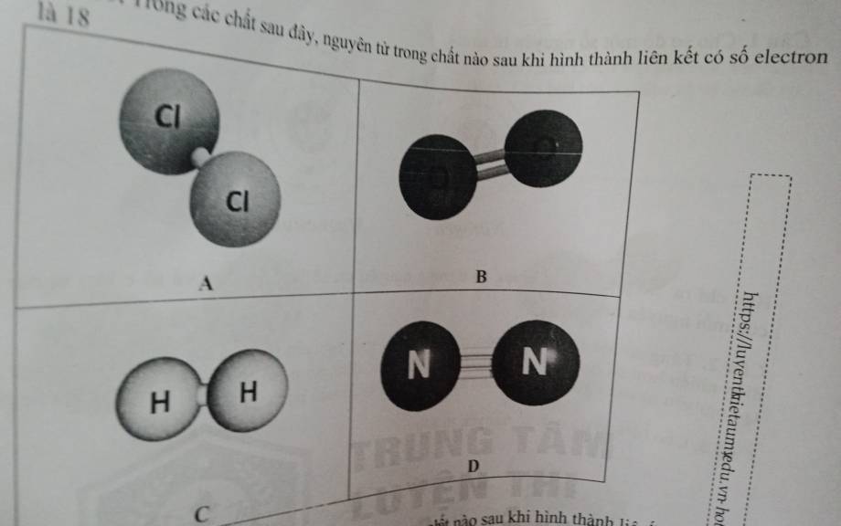 là 18 *Tong các chất sau đây, nguyên tử trong chất nào sau khi hình thành liên kết có số electron
Cl
Cl
A
B
H H
C
n sau khi hình thành lia