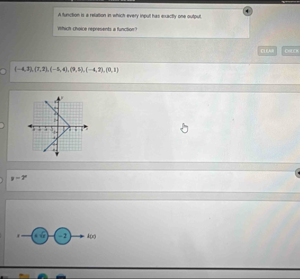 A function is a relation in which every input has exactly one output.
Which choice represents a function?
CLEAR CHECK
(-4,3),(7,2),(-5,4),(9,5),(-4,2),(0,1)
y=2^x
x -2 k(x)