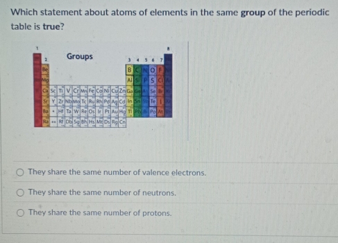 Which statement about atoms of elements in the same group of the periodic
table is true?
They share the same number of valence electrons.
They share the same number of neutrons.
They share the same number of protons.