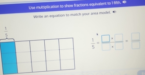 Use multiplication to show fractions equivalent to 1 fifth. “ 
Write an equation to match your area model.
 1/5 
 1/5 = (□ * □ )/□ * □  = □ /□  