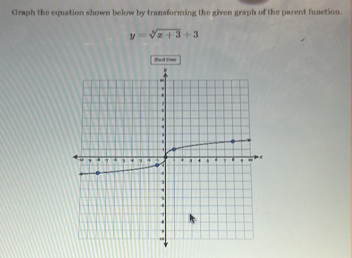 Graph the equation shown below by transforming the given graph of the parent function.
y=sqrt[3](x+3)+3
Start Over