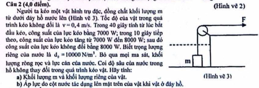 (4,0 điểm). (Hình vê 2) 
Người ta kéo một vật hình trụ đặc, đồng chất khối lượng m 
từ dưới đảy hổ nước lên (Hình vẽ 3). Tốc độ của vật trong quá 
trình kéo không đổi là v=0,4m/s. Trong 40 giây tính từ lúc bắt 
đầu kéo, công suất của lực kéo bằng 7000 W; trong 10 giây tiếp 
theo, công suất của lực kéo tăng từ 7000 W đến 8000 W; sau đó 
công suất của lực kéo không đối bằng 8000 W. Biết trọng lượng 
riêng của nước là d_0=10000N/m^3. Bỏ qua mọi ma sát, khối 
lượng ròng rọc và lực cản của nước. Coi độ sâu của nước trong 
hổ không thay đổi trong quá trình kéo vật. Hãy tính: 
a) Khối lượng m và khối lượng riêng của vật. 
b) Áp lực do cột nước tác dụng lên mặt trên của vật khi vật ở đây hồ,