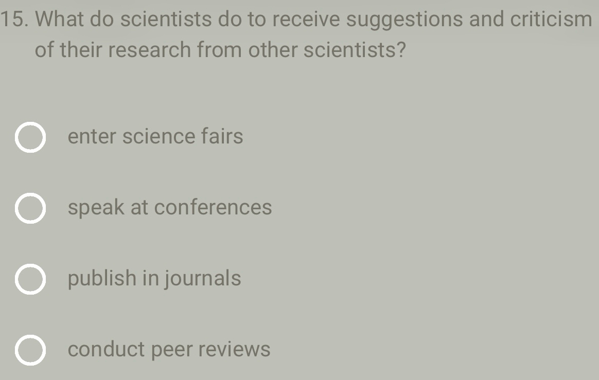 What do scientists do to receive suggestions and criticism
of their research from other scientists?
enter science fairs
speak at conferences
publish in journals
conduct peer reviews