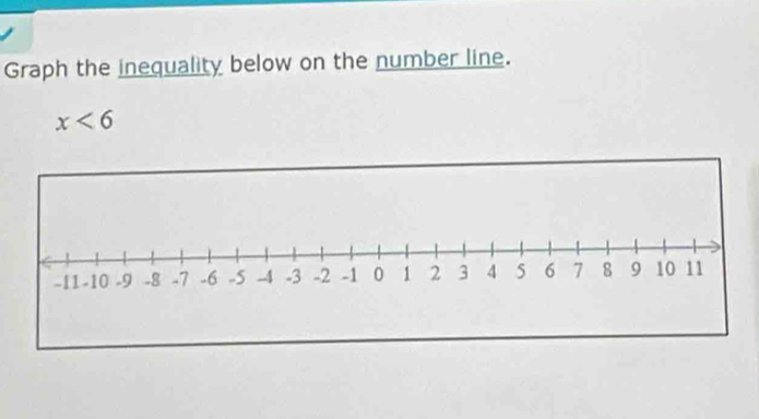 Graph the inequality below on the number line.
x<6</tex>