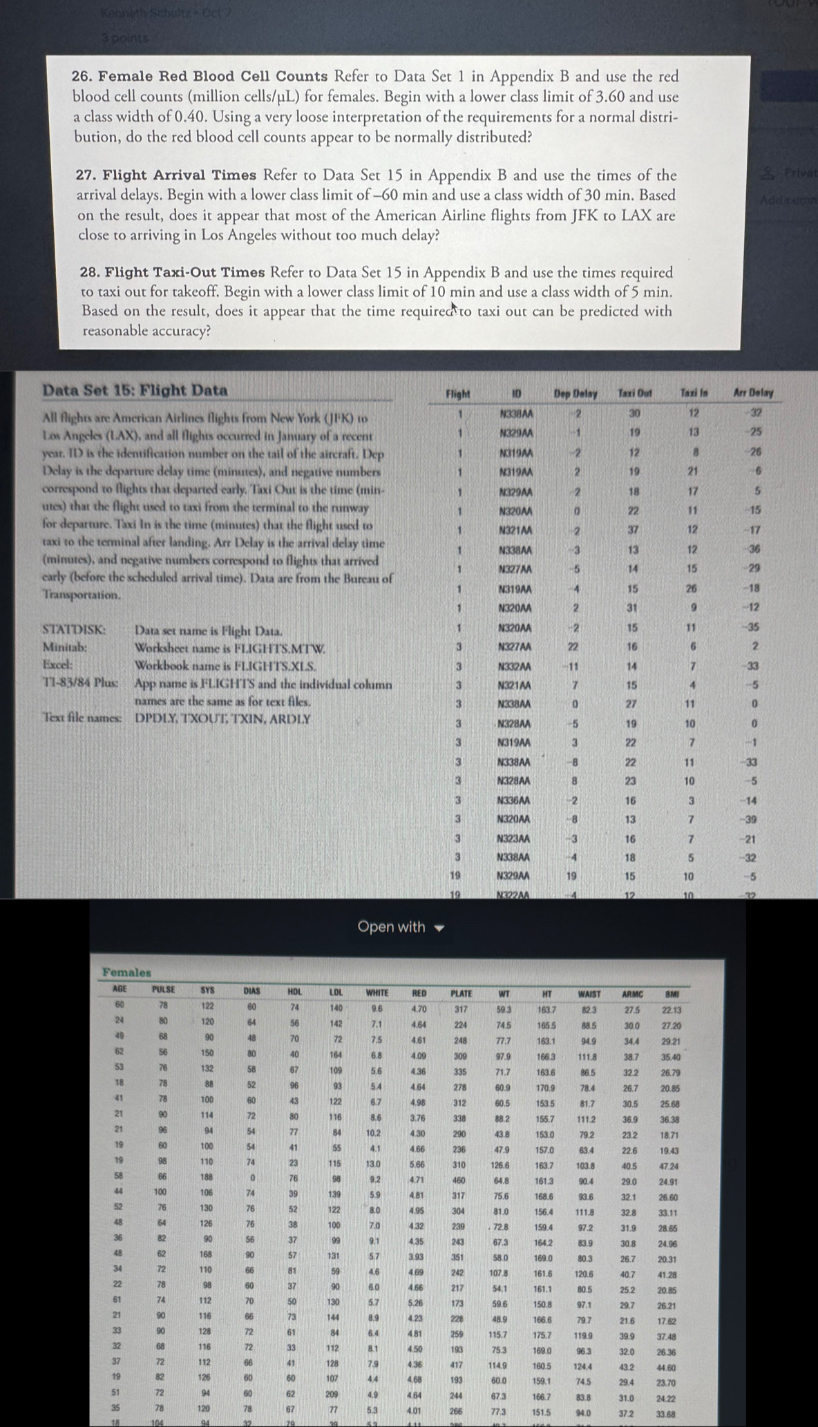 Kenneth Schultz + Oct 7
3 points
26. Female Red Blood Cell Counts Refer to Data Set 1 in Appendix B and use the red
blood cell counts (million cells/μL) for females. Begin with a lower class limit of 3.60 and use
a class width of 0.40. Using a very loose interpretation of the requirements for a normal distri-
bution, do the red blood cell counts appear to be normally distributed?
27. Flight Arrival Times Refer to Data Set 15 in Appendix B and use the times of the  Privat
arrival delays. Begin with a lower class limit of -60 min and use a class width of 30 min. Based Add camn
on the result, does it appear that most of the American Airline flights from JFK to LAX are
close to arriving in Los Angeles without too much delay?
28. Flight Taxi-Out Timos Refer to Data Set 15 in Appendix B and use the times required
to taxi out for takeoff. Begin with a lower class limit of 10 min and use a class width of 5 min.
Based on the result, does it appear that the time required to taxi out can be predicted with
reasonable accuracy?
Data Set 15: Flight Data 
All flights are American Airlines flights from New York (JFK) to
Los Angeles (LAX), and all flights occurred in January of a recent 
year. ID is the identification number on the tail of the aircraft. Dep 
Delay is the departure delay time (minutes), and negative numbers 
correspond to flights that departed early. Taxi Out is the time (min-
utes) that the flight used to taxi from the terminal to the runway
for departure. Taxi In is the time (minutes) that the flight used to
taxi to the terminal after landing. Arr Delay is the arrival delay time
(minutes), and negative numbers correspond to flights that arrived
early (before the scheduled arrival time). Data are from the Bureau of
Transportation. 
STATDISK: Data set name is Flight Data.
Minitab: Worksheet name is FLIGHTS.MTW. 
Excel: Workbook name is FLIGHTS.XLS. 
T1-83/84 Plus: App name is FLIGHTS and the individual column
names are the same as for text files. 
Text file names: DPDLY, TXOUT, TXIN, ARDLY 
Open with
35 78 120 78 67 77 5.3 4.01 266 77.3 151.5 94.0 37.2 33.68