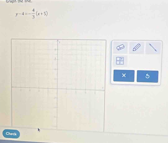 Graph the line.
y-4=- 4/3 (x+5)
 7x/1 
×