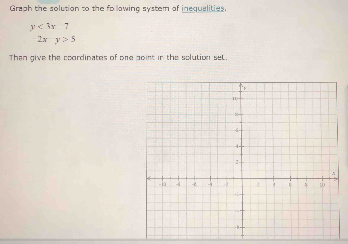 Graph the solution to the following system of inequalities.
y<3x-7</tex>
-2x-y>5
Then give the coordinates of one point in the solution set.