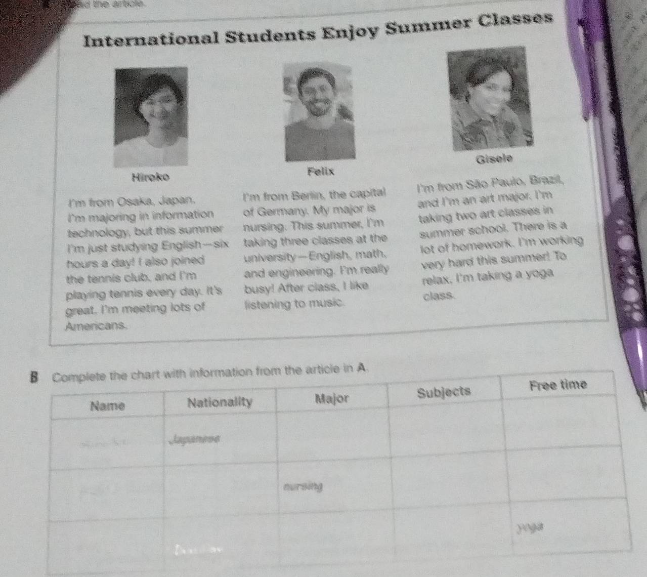 a the article 
International Students Enjoy Summer Classes 
Hiroko Felix Gisele 
I'm from Osaka, Japan. I'm from Berlin, the capital I'm from São Paulo, Brazil, 
I'm majoring in information of Germany. My major is and I'm an art major. I'm 
technology, but this summer nursing. This summer, I'm. taking two art classes in 
I'm just studying English-six taking three classes at the summer school. There is a 
hours a day! I also joined university—English, math, lot of homework. I'm working 
the tennis club, and I'm and engineering. I'm really very hard this summer! To 
playing tennis every day. It's busy! After class, I like relax, I'm taking a yoga 
great. I'm meeting lots of listening to music. class. 
Americans.