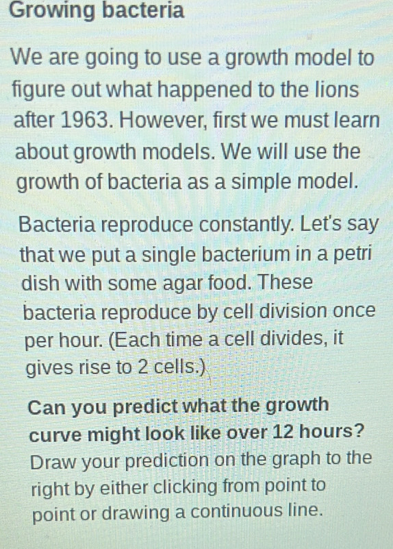 Growing bacteria 
We are going to use a growth model to 
figure out what happened to the lions 
after 1963. However, first we must learn 
about growth models. We will use the 
growth of bacteria as a simple model. 
Bacteria reproduce constantly. Let's say 
that we put a single bacterium in a petri 
dish with some agar food. These 
bacteria reproduce by cell division once 
per hour. (Each time a cell divides, it 
gives rise to 2 cells.) 
Can you predict what the growth 
curve might look like over 12 hours? 
Draw your prediction on the graph to the 
right by either clicking from point to 
point or drawing a continuous line.