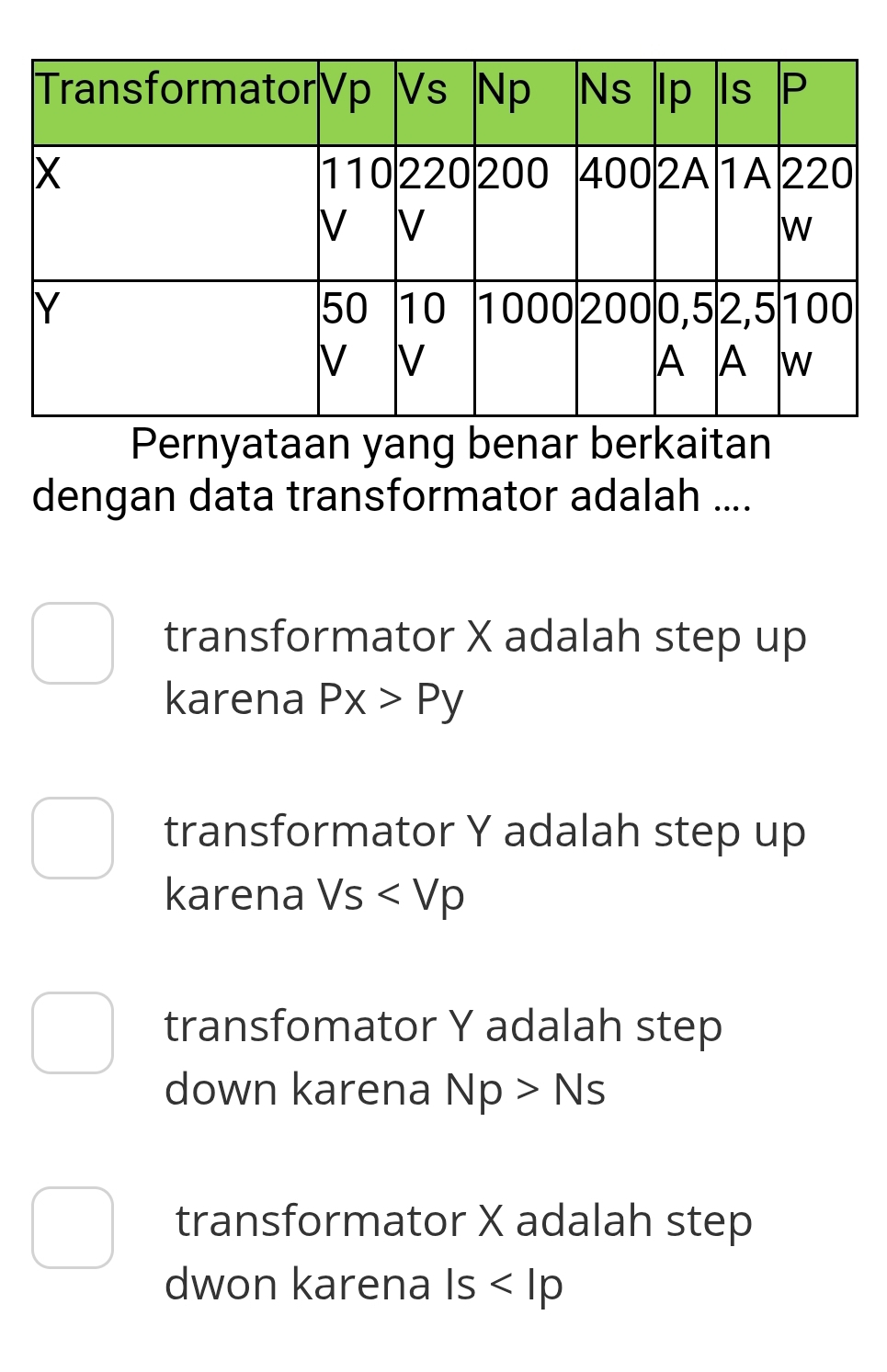 Pernyataan yang benar berkaitan
dengan data transformator adalah ....
transformator X adalah step up
karena Px>Py
transformator Y adalah step up
karena Vs
transfomator Y adalah step
down karena Np>Ns
transformator X adalah step
dwon karena ls