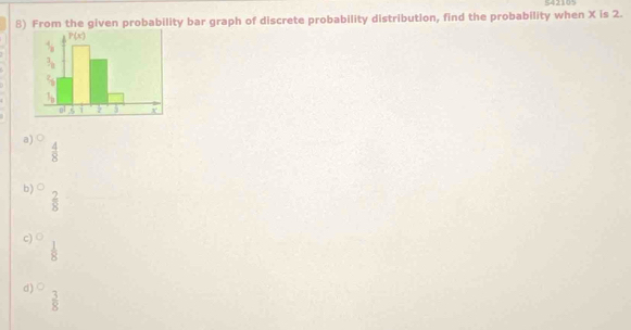 542105
8) From the given probability bar graph of discrete probability distribution, find the probability when X is 2.
a)
 4/8 
b) bigcirc  2/8 
c) bigcirc  1/8 
d ) bigcirc  3/8 