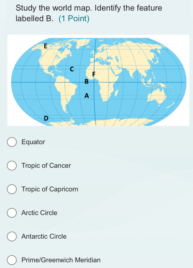 Study the world map. Identify the feature
labelled B. (1 Point)
Equator
Tropic of Cancer
Tropic of Capricorn
Arctic Circle
Antarctic Circle
Prime/Greenwich Meridian