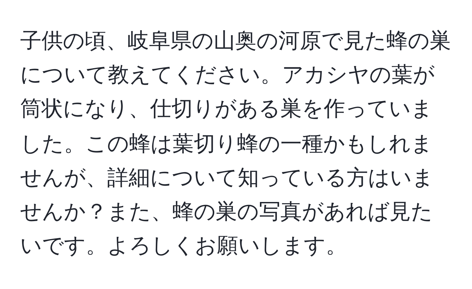 子供の頃、岐阜県の山奥の河原で見た蜂の巣について教えてください。アカシヤの葉が筒状になり、仕切りがある巣を作っていました。この蜂は葉切り蜂の一種かもしれませんが、詳細について知っている方はいませんか？また、蜂の巣の写真があれば見たいです。よろしくお願いします。