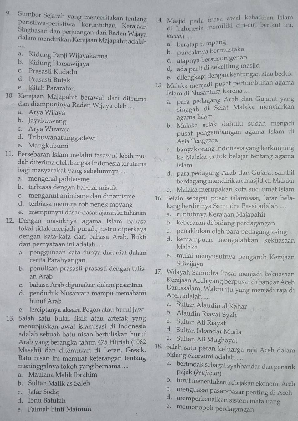 Sumber Sejarah yang menceritakan tentang 14. Masjid pada masa awal kehadiran Islam
peristiwa-peristiwa keruntuhan Kerajaan di Indonesia memiliki ciri-ciri berikut ini,
Singhasari dan perjuangan dari Raden Wijaya kecuali ....
dalam mendirikan Kerajaan Majapahit adalah a. beratap tumpang
a. Kidung Panji Wijayakarma
b. puncaknya bermustaka
b. Kidung Harsawijaya
c. atapnya bersusun genap
c. Prasasti Kudadu
d. ada parit di sekeliling masjid
d. Prasasti Butak
e. dilengkapi dengan kentungan atau beduk
e. Kitab Pararaton 15. Malaka menjadi pusat pertumbuhan agama
Islam di Nusantara karena ....
10. Kerajaan Majapahit berawal dari diterima
a. para pedagang Arab dan Gujarat yang
dan diampuninya Raden Wijaya oleh ....
a. Arya Wijaya
singgah di Selat Malaka menyiarkan
b. Jayakatwang
agama Islam
c. Arya Wiraraja b. Malaka sejak dahulu sudah menjadi
d. Tribuwanatunggadewi pusat pengembangan agama Islam di
e. Mangkubumi Asia Tenggara
c. banyak orang Indonesia yang berkunjung
11. Persebaran Islam melalui tasawuf lebih mu- ke Malaka untuk belajar tentang agama
dah diterima oleh bangsa Indonesia terutama Islam
bagi masyarakat yang sebelumnya ....
d. para pedagang Arab dan Gujarat sambil
a. mengenal politeisme
berdagang mendirikan masjid di Malaka
b. terbiasa dengan hal-hal mistik
e. Malaka merupakan kota suci umat Islam
c. menganut animisme dan dinamisme 16. Selain sebagai pusat islamisasi, latar bela-
d. terbiasa memuja roh nenek moyang kang berdirinya Samudra Pasai adalah ....
e. mempunyai dasar-dasar ajaran ketuhanan a. runtuhnya Kerajaan Majapahit
12. Dengan masuknya agama Islam bahasa b. kebesaran di bidang perdagangan
lokal tidak menjadi punah, justru diperkaya c. penaklukan oleh para pedagang asing
dengan kata-kata dari bahasa Arab. Bukti d. kemampuan mengalahkan kekuasaan
dari pernyataan ini adalah .... Malaka
a. penggunaan kata dunya dan niat dalam e. mulai menyusutnya pengaruh Kerajaan
cerita Parahyangan
Sriwijaya
b. penulisan prasasti-prasasti dengan tulis- 17. Wilayah Samudra Pasai menjadi kekuasaan
an Arab Kerajaan Aceh yang berpusat di bandar Aceh
c. bahasa Arab digunakan dalam pesantren Darussalam. Waktu itu yang menjadi raja di
d. penduduk Nusantara mampu memahami Aceh adalah ....
huruf Arab a. Sultan Alaudin al Kahar
e. terciptanya aksara Pegon atau huruf Jawi
b. Alaudin Riayat Syah
13. Salah satu bukti fisik atau artefak yang c. Sultan Ali Riayat
menunjukkan awal islamisasi di Indonesia d. Sultan Iskandar Muda
adalah sebuah batu nisan bertuliskan huruf
Arab yang berangka tahun 475 Hijriah (1082
e. Sultan Ali Mughayat
Masehi) dan ditemukan di Leran, Gresik. 18. Salah satu peran keluarga raja Aceh dalam
bidang ekonomi adalah ....
Batu nisan ini memuat keterangan tentang . a. bertindak sebagai syahbandar dan penarik
meninggalnya tokoh yang bernama .... pajak (keujręun)
a. Maulana Malik Ibrahim b. turut menentukan kebijakan ekonomi Aceh
b. Sultan Malik as Saleh
c. menguasai pasar-pasar penting di Aceh
c. Jafar Sodiq d. memperkenalkan sistem mata uang
d. Ibnu Batutah
e. Faimah binti Maimun
e. memonopoli perdagangan