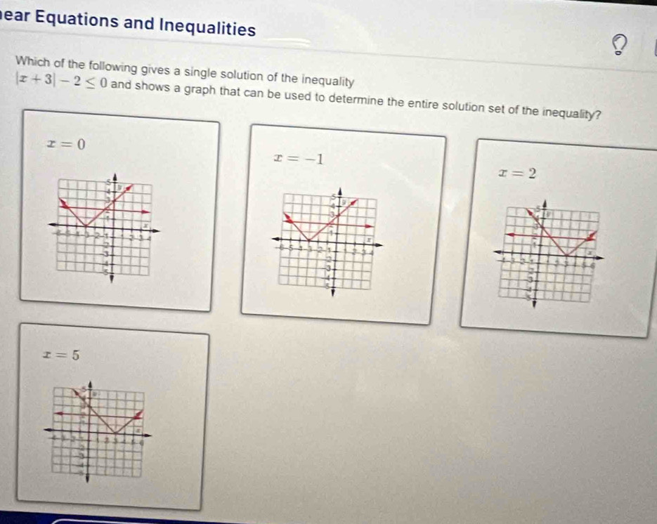 ear Équations and Inequalities
Which of the following gives a single solution of the inequality
|x+3|-2≤ 0 and shows a graph that can be used to determine the entire solution set of the inequality?
x=0
x=-1
x=2

x=5