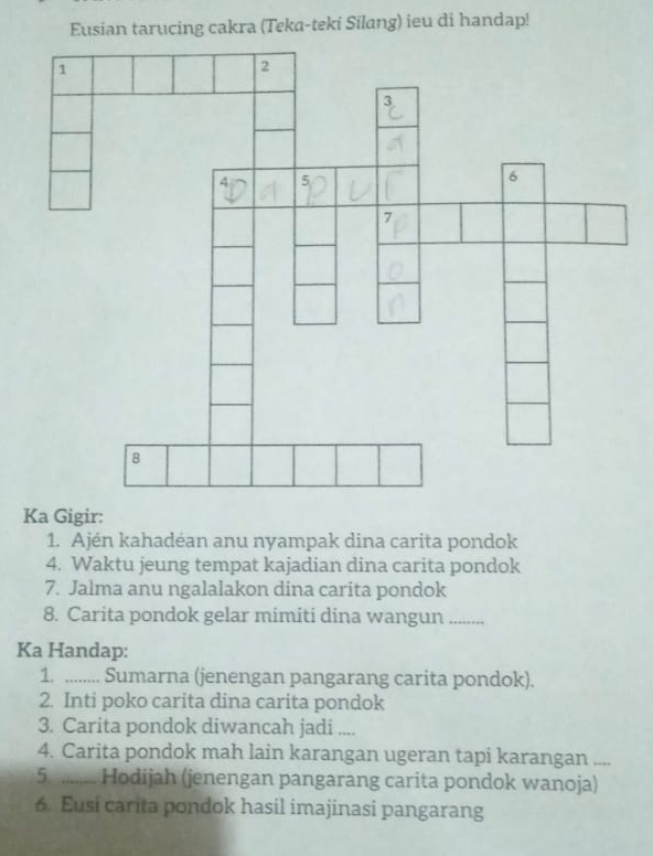 Eusian tarucing cakra (Teka-teki Silang) ieu di handap! 
Ka Gigir: 
1. Ajén kahadéan anu nyampak dina carita pondok 
4. Waktu jeung tempat kajadian dina carita pondok 
7. Jalma anu ngalalakon dina carita pondok 
8. Carita pondok gelar mimiti dina wangun ..... 
Ka Handap: 
1. ........ Sumarna (jenengan pangarang carita pondok). 
2. Inti poko carita dina carita pondok 
3. Carita pondok diwancah jadi .... 
4. Carita pondok mah lain karangan ugeran tapi karangan .... 
5 ........ Hodijah (jenengan pangarang carita pondok wanoja) 
6. Eusi carita pondok hasil imajinasi pangarang