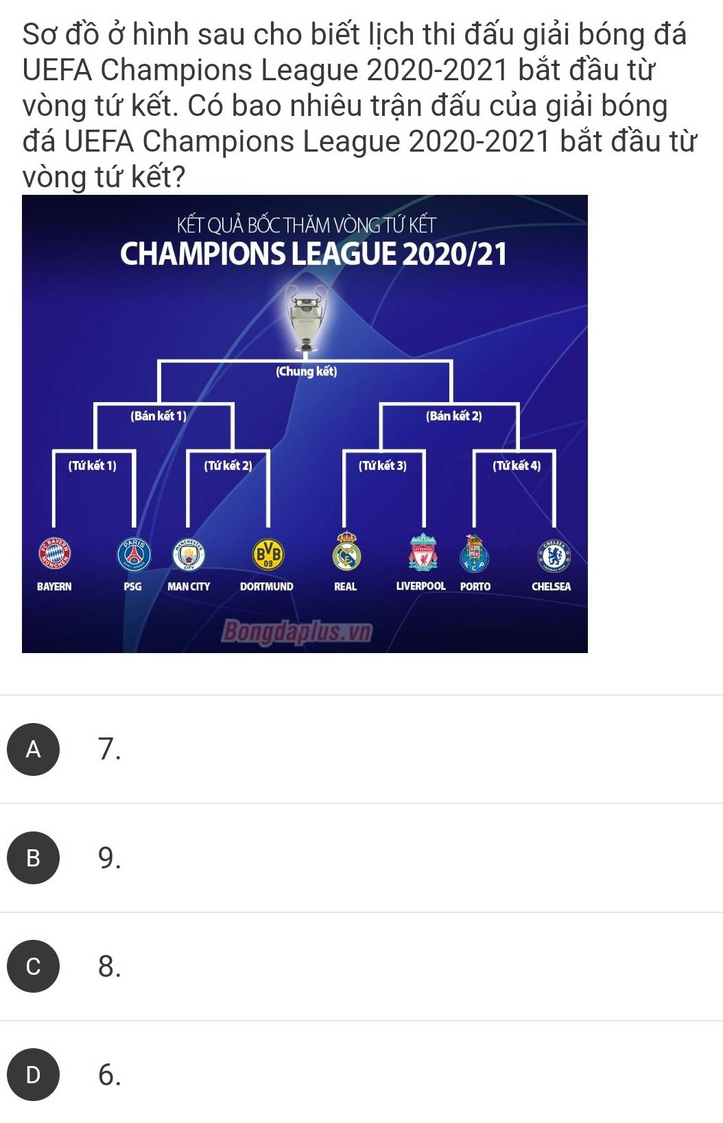 Sơ đồ ở hình sau cho biết lịch thi đấu giải bóng đá
UEFA Champions League 2020-2021 bắt đầu từ
vòng tứ kết. Có bao nhiêu trận đấu của giải bóng
đá UEFA Champions League 2020-2021 bắt đầu từ
vòng tứ kết?
A 7.
B 9.
C 8.
D 6.