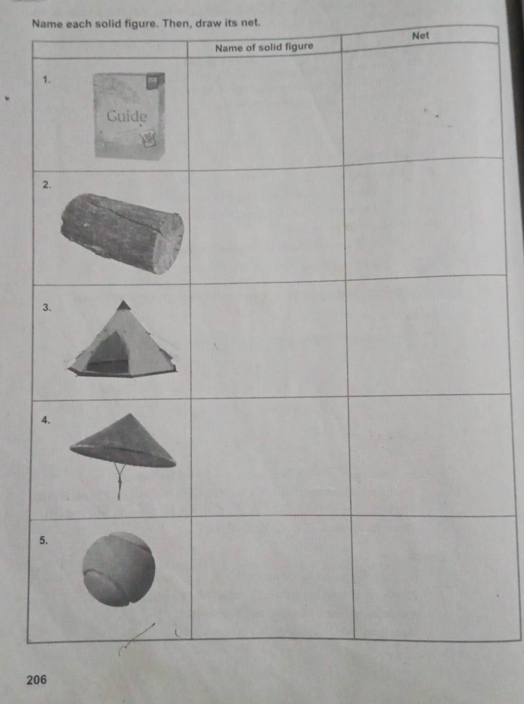 Name each solid figure. Then, draw its net. 
Net 
206